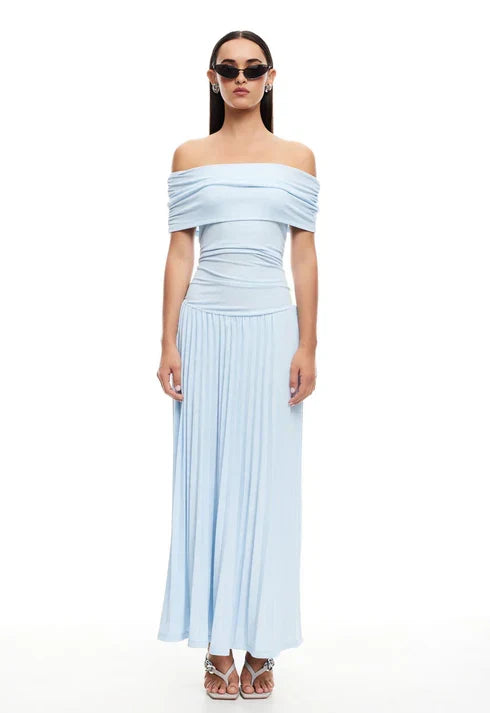 Sky blue off-shoulder pleated maxi evening gown, elegant formal dress.