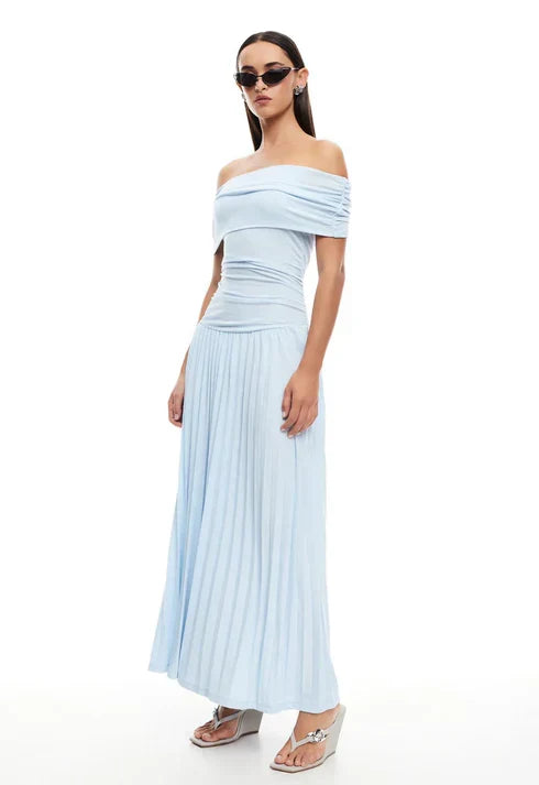 Sky blue women's off-shoulder pleated maxi dress for wedding guests.