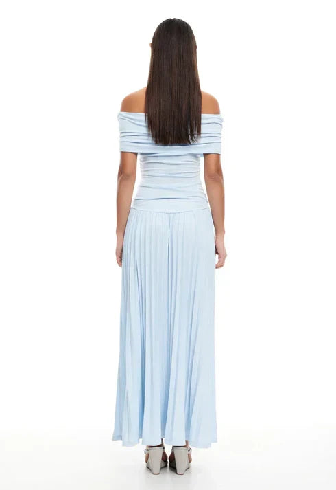Navy elegant off-shoulder pleated maxi formal dress, women's fashion.