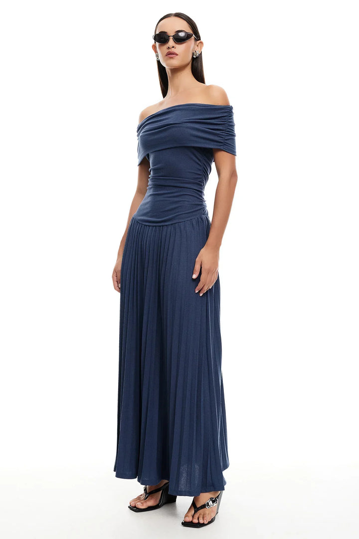 Beautiful cream off-shoulder pleated maxi dress for women, special occasion wear.