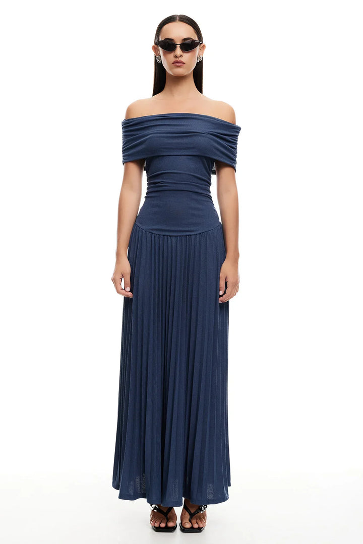 Navy off-shoulder pleated maxi gown, a stunning formal dress for women.