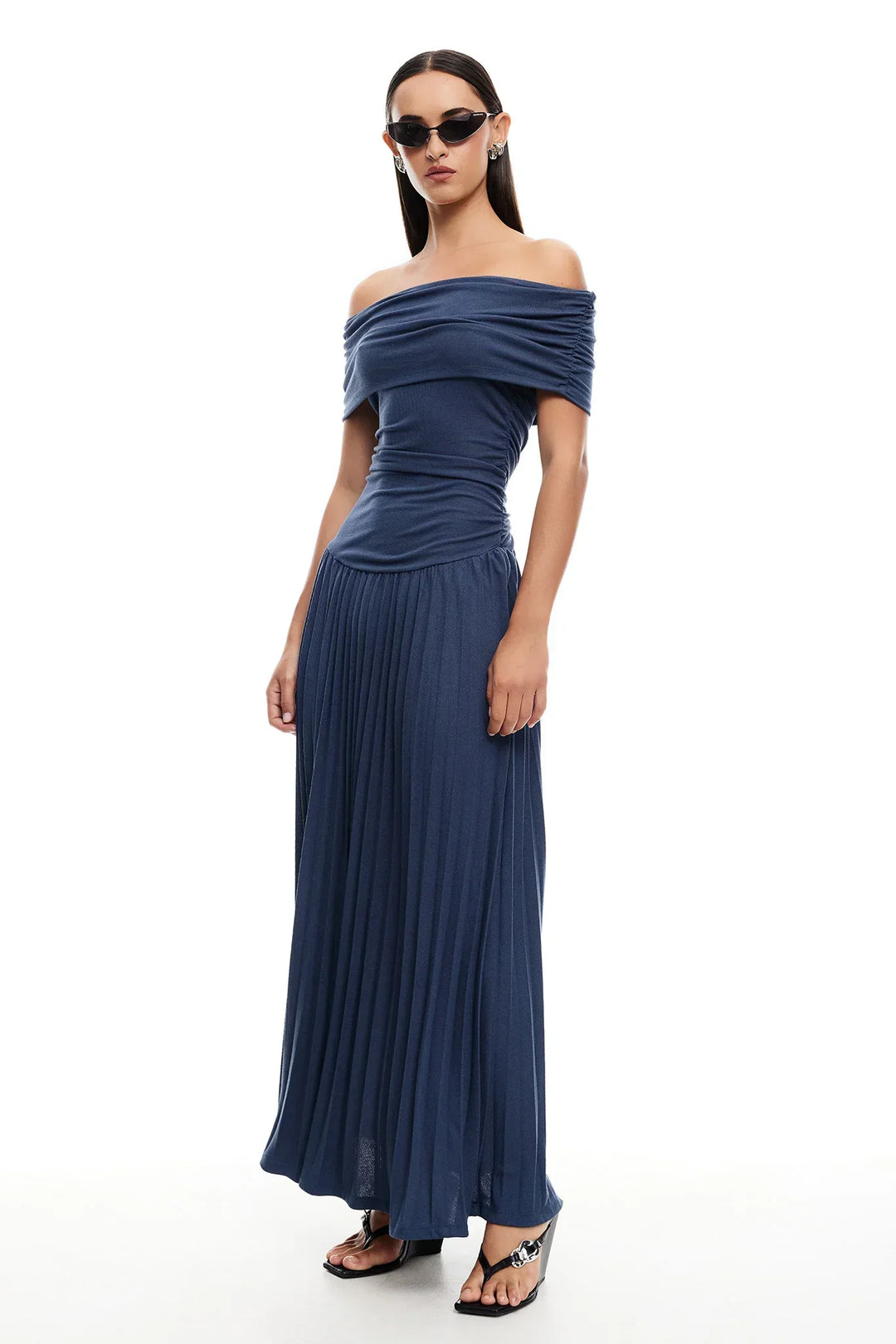 Navy women's off-shoulder pleated maxi dress, perfect for weddings.