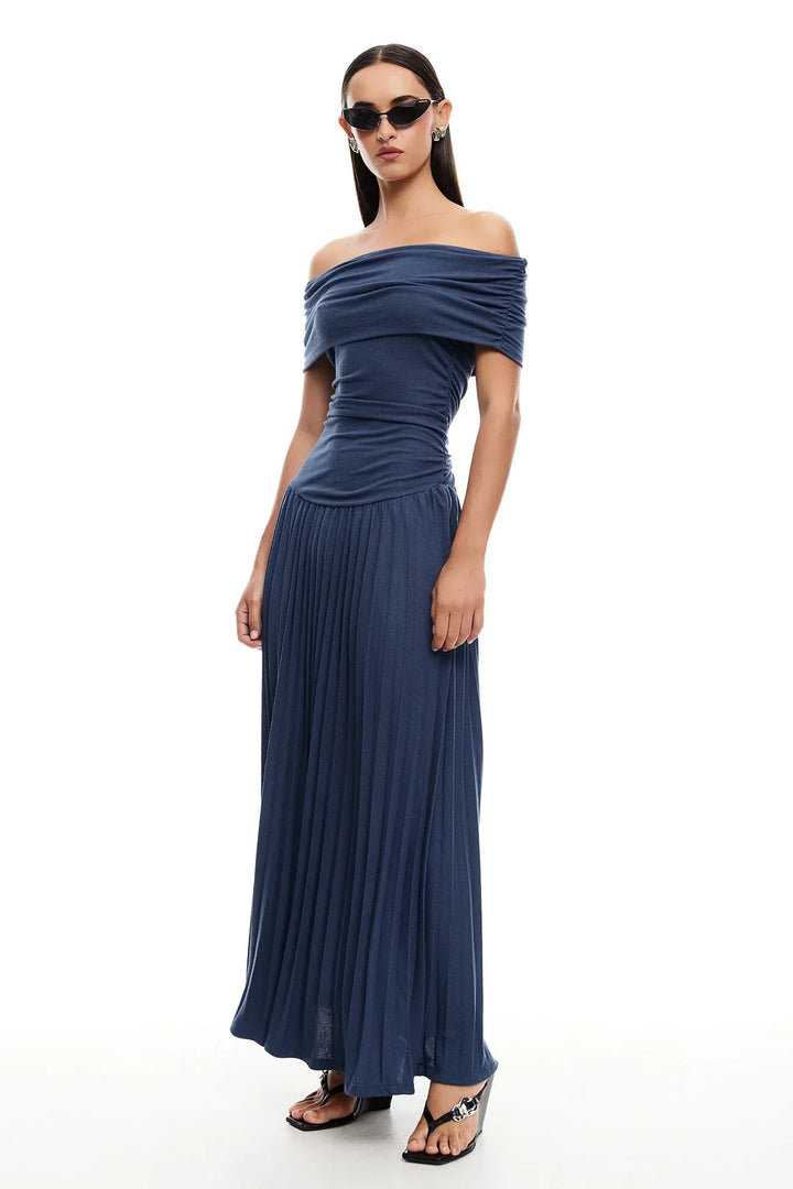 Navy women's off-shoulder pleated maxi dress, perfect for weddings.
