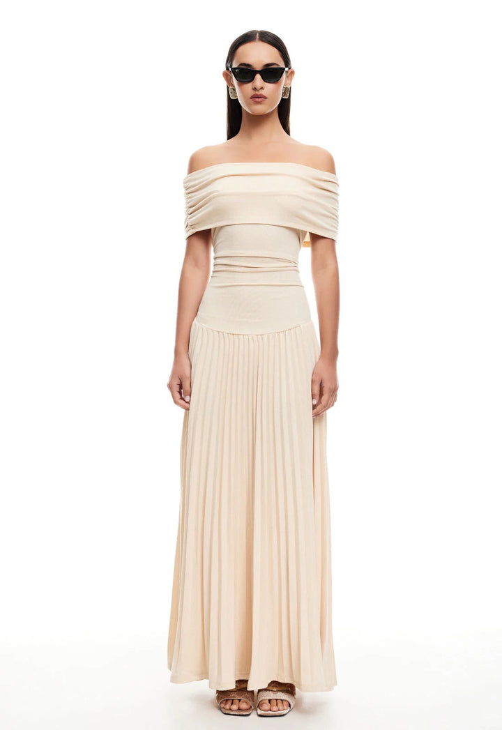 Formal navy pleated off-shoulder evening gown for women's events.