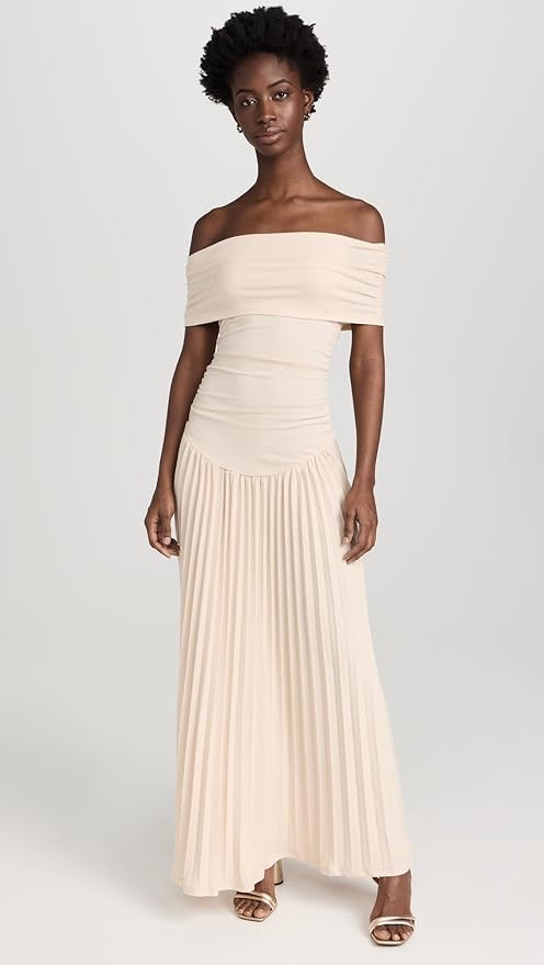 Navy off-shoulder pleated maxi gown, a stunning special occasion dress.