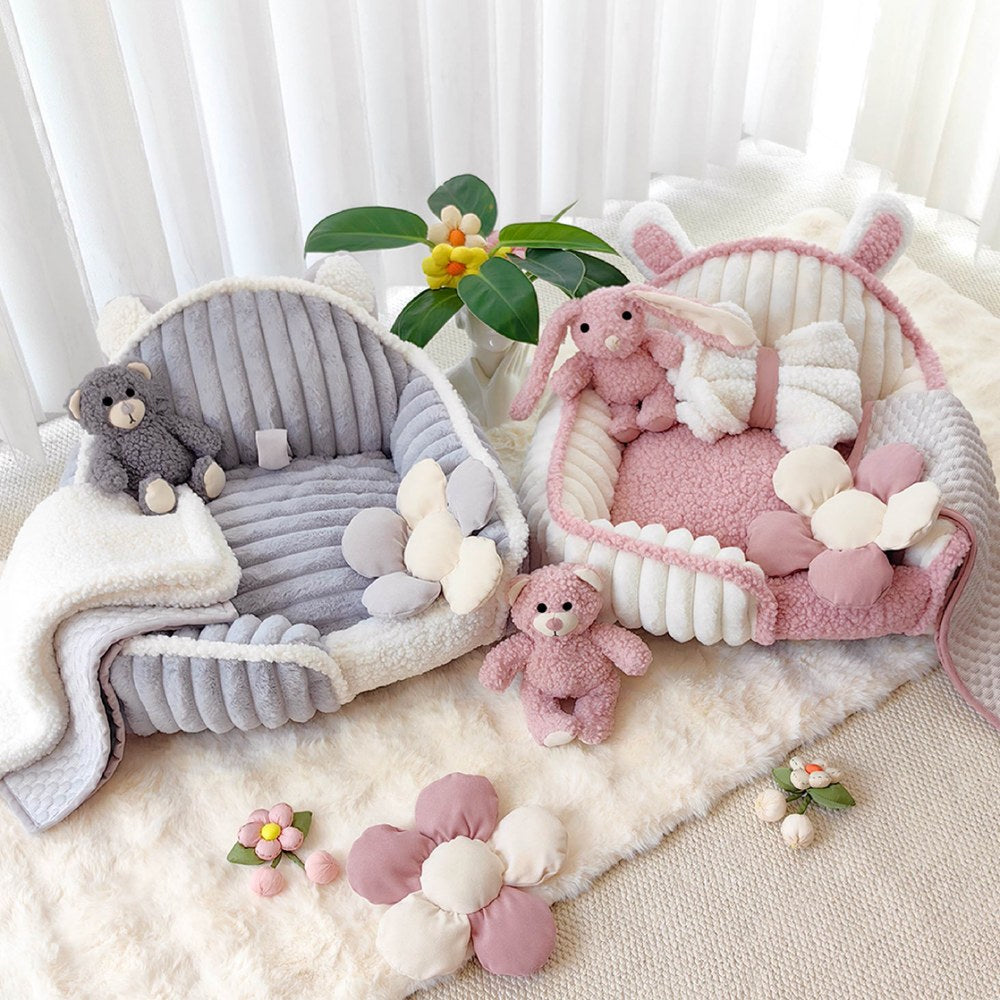 Cream pink fluffy dog sofa bed, cozy washable pet furniture for ultimate comfort