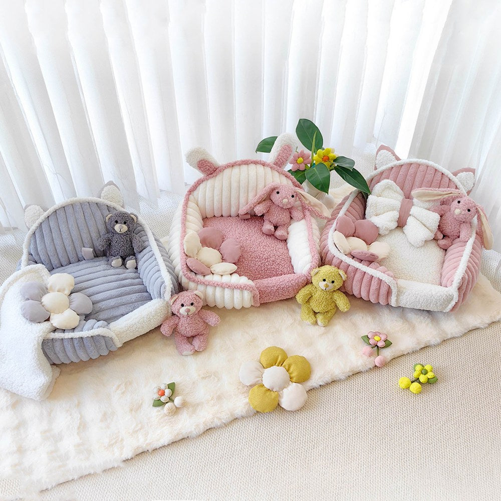 Soft cream pink washable pet bed, a luxurious fluffy dog sofa for cats and small dogs