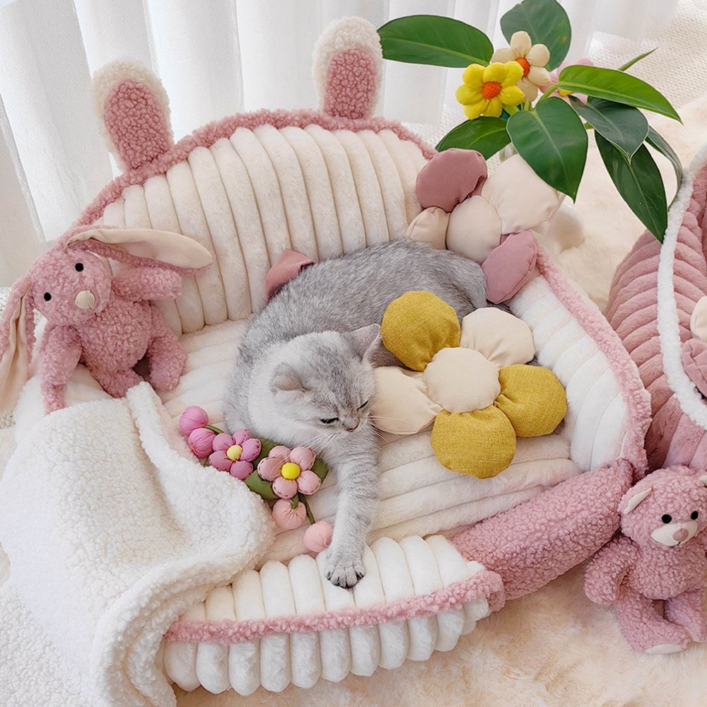 Cozy cream pink fluffy dog bed, washable pet sofa for cats and dogs, ultimate comfort