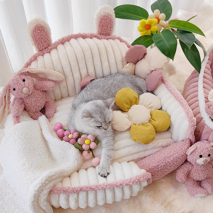 Cozy cream pink fluffy dog bed, washable pet sofa for cats and dogs, ultimate comfort