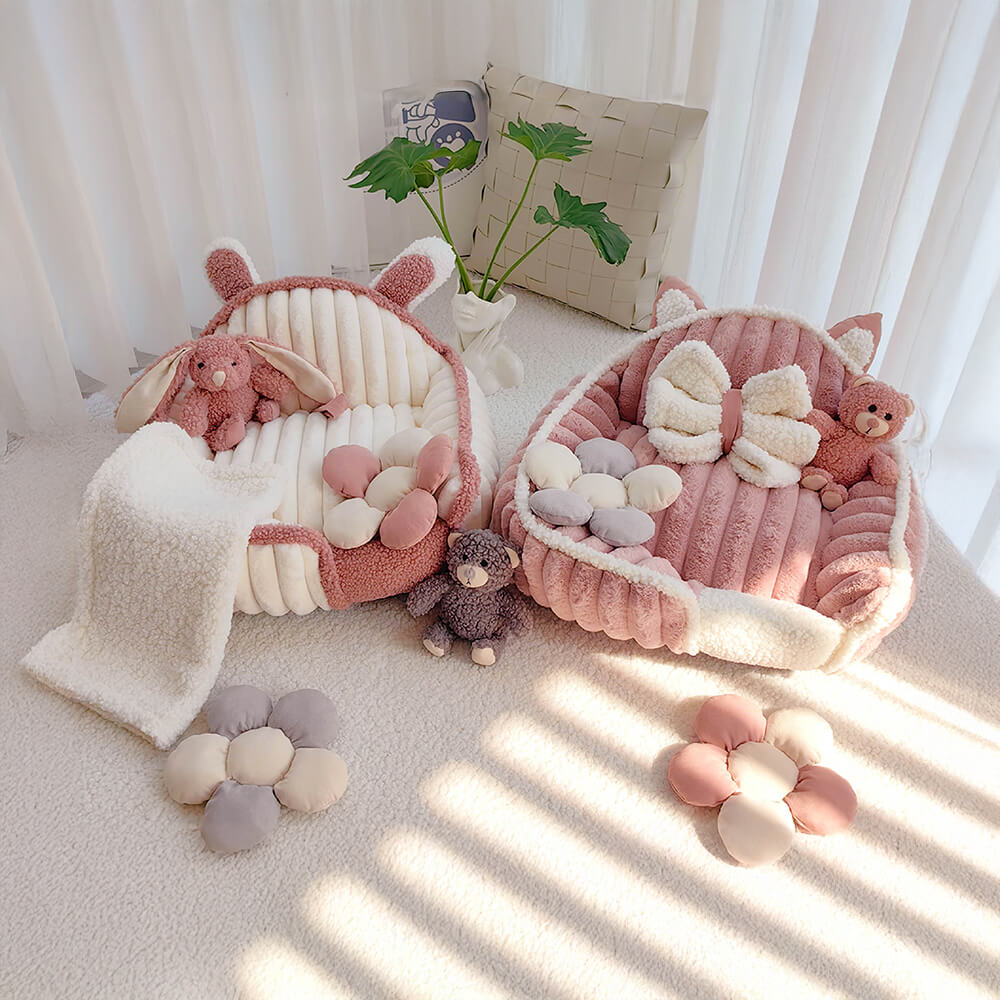 Washable cream pink pet sofa, a soft fluffy dog bed offering cozy relaxation for pets