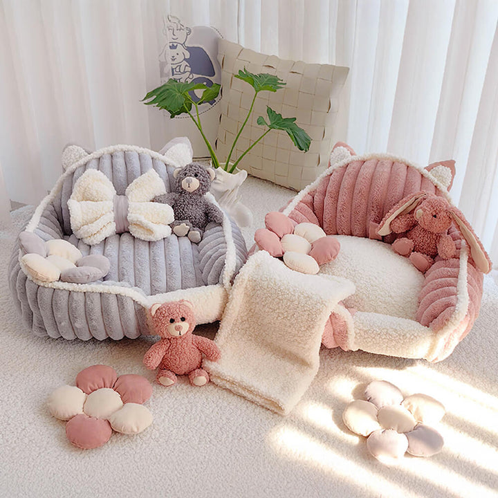 Fluffy cream pink dog bed resembling a sofa, washable pet furniture for ultimate comfort