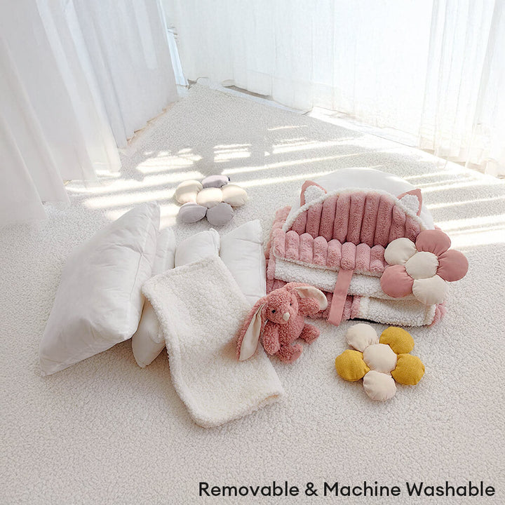 Comfortable cream pink washable pet bed, a fluffy dog sofa that blends with home decor