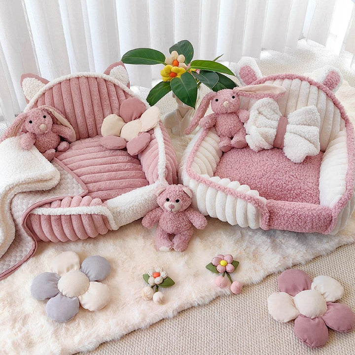 Cream pink fluffy pet bed, washable dog sofa providing a cozy retreat for pets