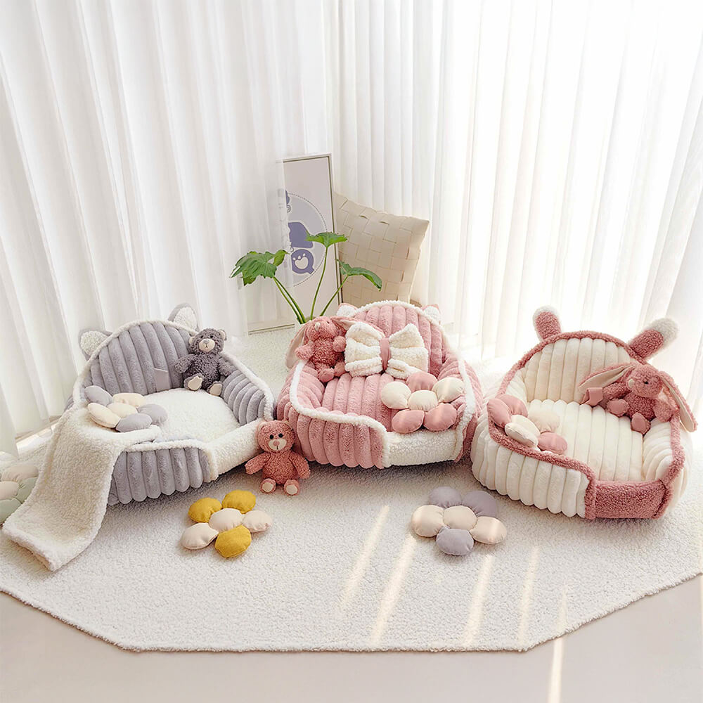 Luxury cream pink washable dog bed, soft fluffy pet sofa for small to medium animals