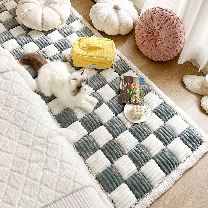 Cozy cream fuzzy plaid pet couch mat, durable chenille fabric, easy to clean