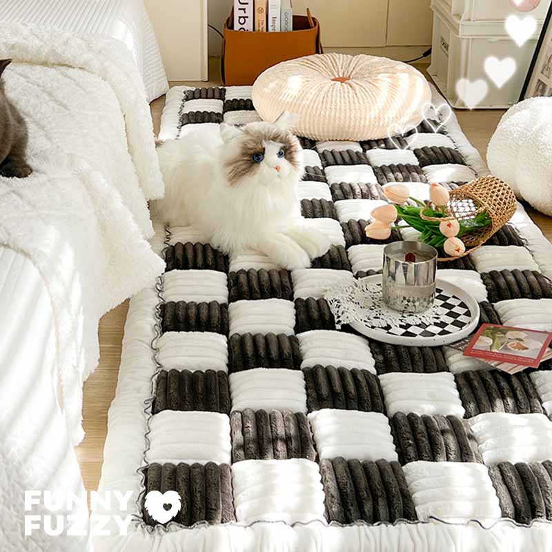 Unisex cream plaid fuzzy chenille couch cover, non-slip, protects against pet wear and tear