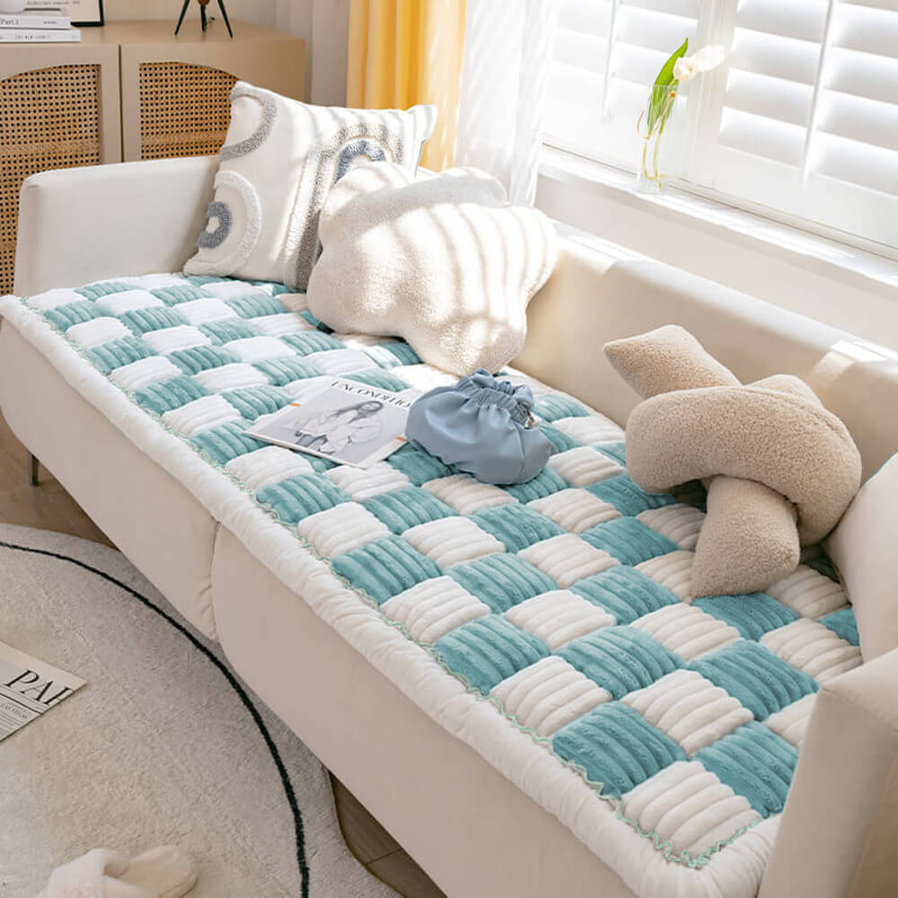 Unisex cream plaid fluffy pet mat for couch, chenille, perfect as a pet bed or protective cover