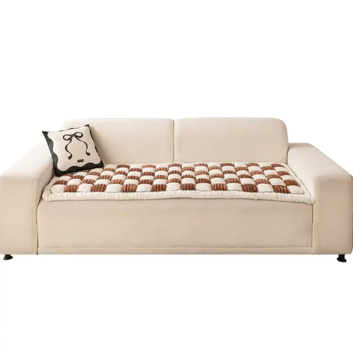 Cozy cream plaid fuzzy pet couch cover, chenille, machine washable for convenient cleaning