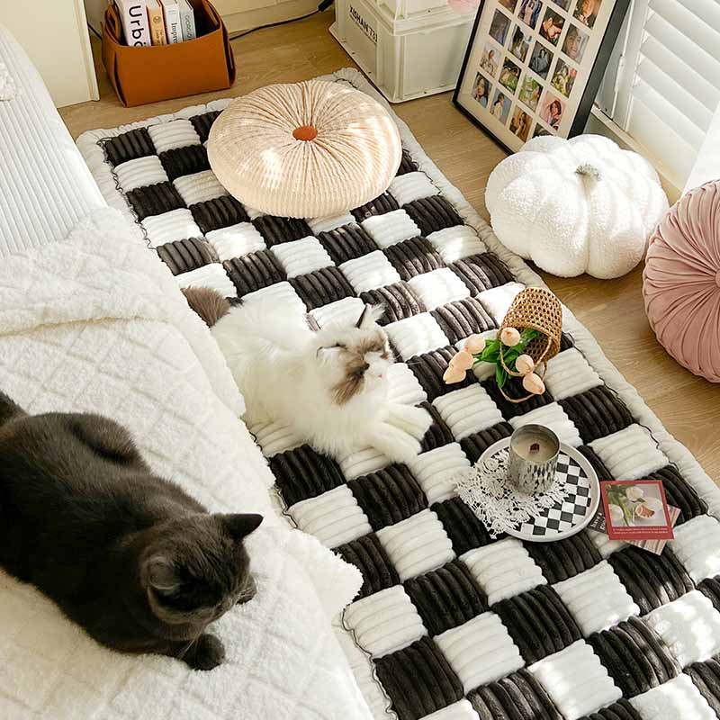 Chenille cream plaid pet couch cover, non-slip backing, durable & cozy for dogs and cats