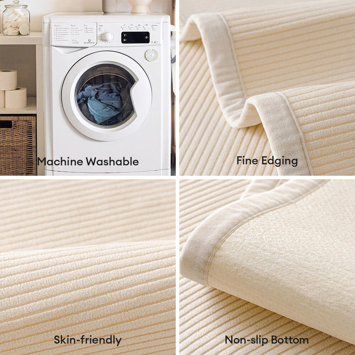Non-slip cream vertical stripe fleece sofa cover, designed for pet and kid-friendly living room decor.