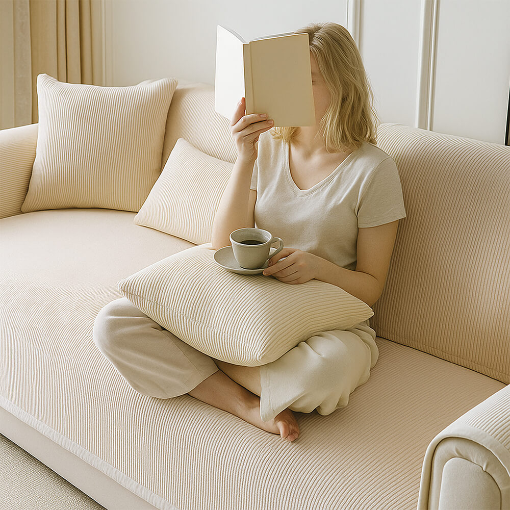 Soft cream fleece sofa cover with vertical stripes, offering comfort and protection from pets and kids.