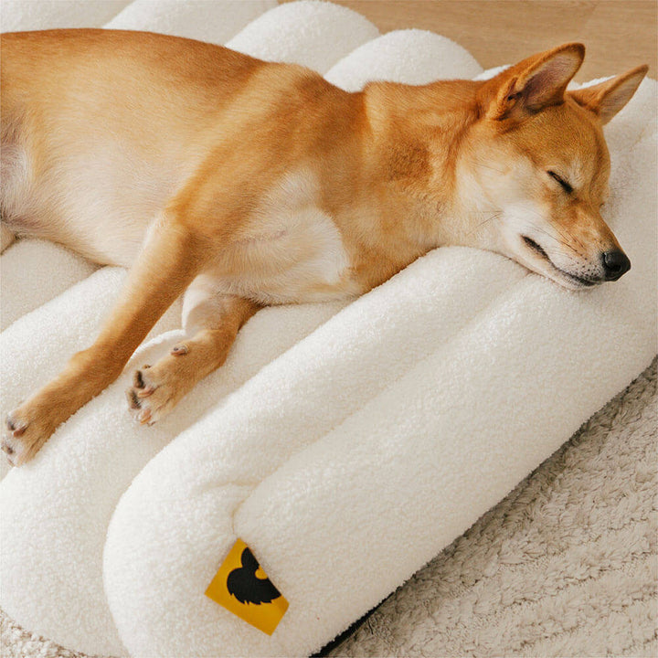 Orthopedic creamy dog bed, flat style, easy to clean, pet-friendly.