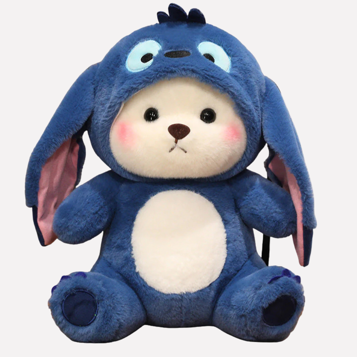 Soft plush bear toy in a cute animal costume, a cuddly stuffed animal & playful character for kids.