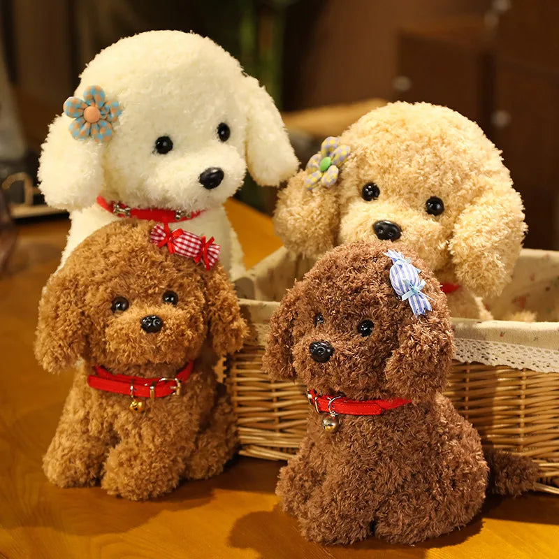 Kids' curly hair plush teddy dog toy with flower accent, ideal for gifts and nursery decor