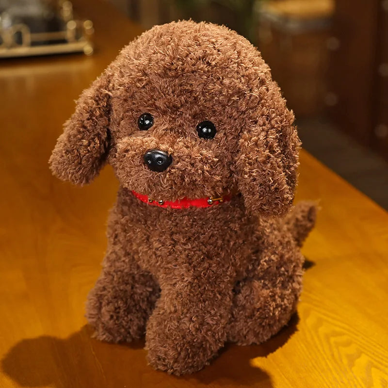 Playful curly hair teddy dog plush toy with flower, durable and soft for toddlers and kids