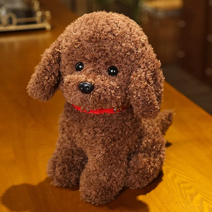 Playful curly hair teddy dog plush toy with flower, durable and soft for toddlers and kids