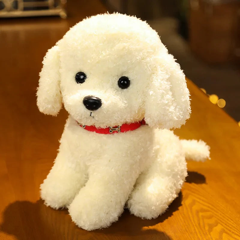 Detailed view of a curly hair teddy dog animal toy with flower, a lovable kids' gift