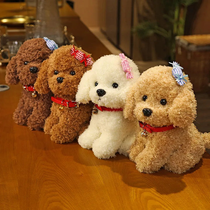 Adorable plush curly hair dog toy with a red flower, perfect for children's imaginative play