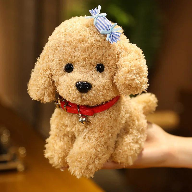 Close-up of a curly hair teddy dog plush toy showcasing a cute flower detail