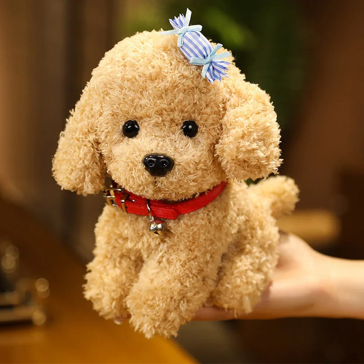 Close-up of a curly hair teddy dog plush toy showcasing a cute flower detail