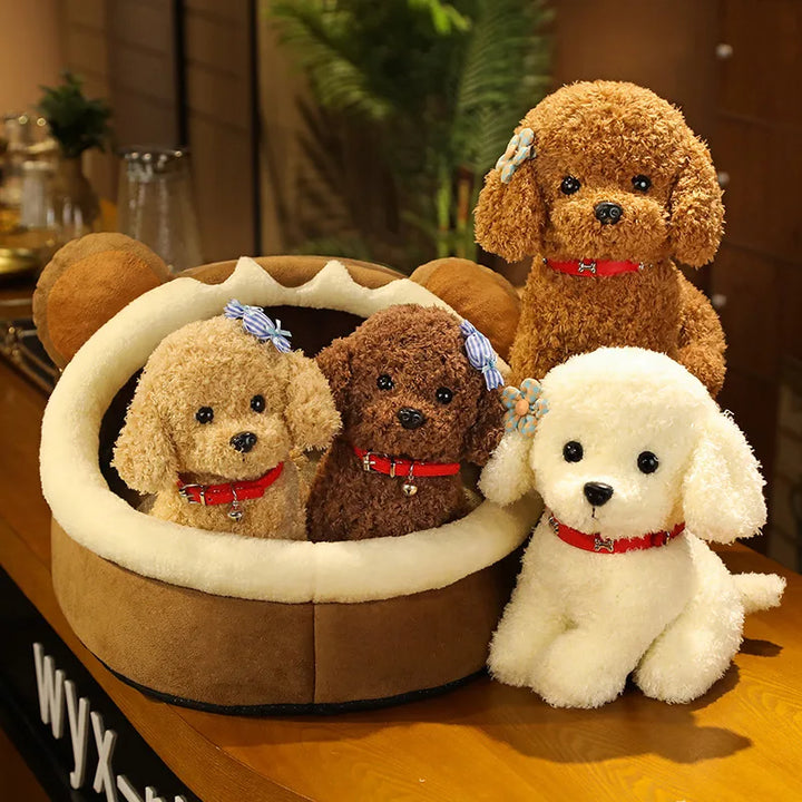 Children's curly plush teddy dog with flower, a delightful and soft animal toy for play