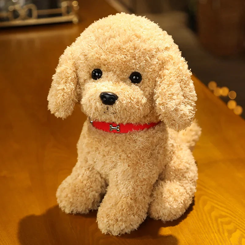 Nursery decor idea: cute curly plush teddy dog toy with a charming flower accent