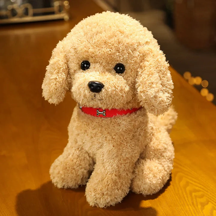 Nursery decor idea: cute curly plush teddy dog toy with a charming flower accent