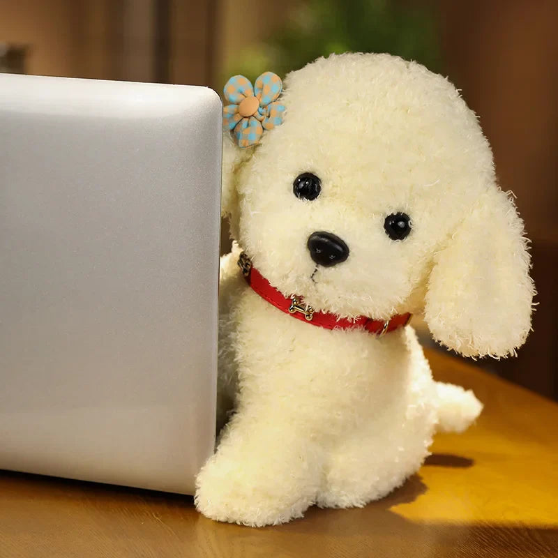 Soft and cuddly curly hair teddy dog toy featuring a flower, great for young children
