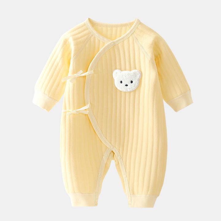 Cozy infant one-piece bodysuit with adorable bear applique, ideal for baby fashion in spring & autumn.