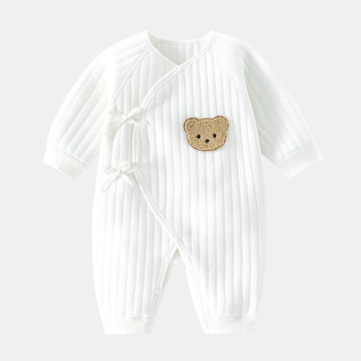 Unisex baby bodysuit featuring a charming bear applique, a comfortable and cute outfit for newborns.