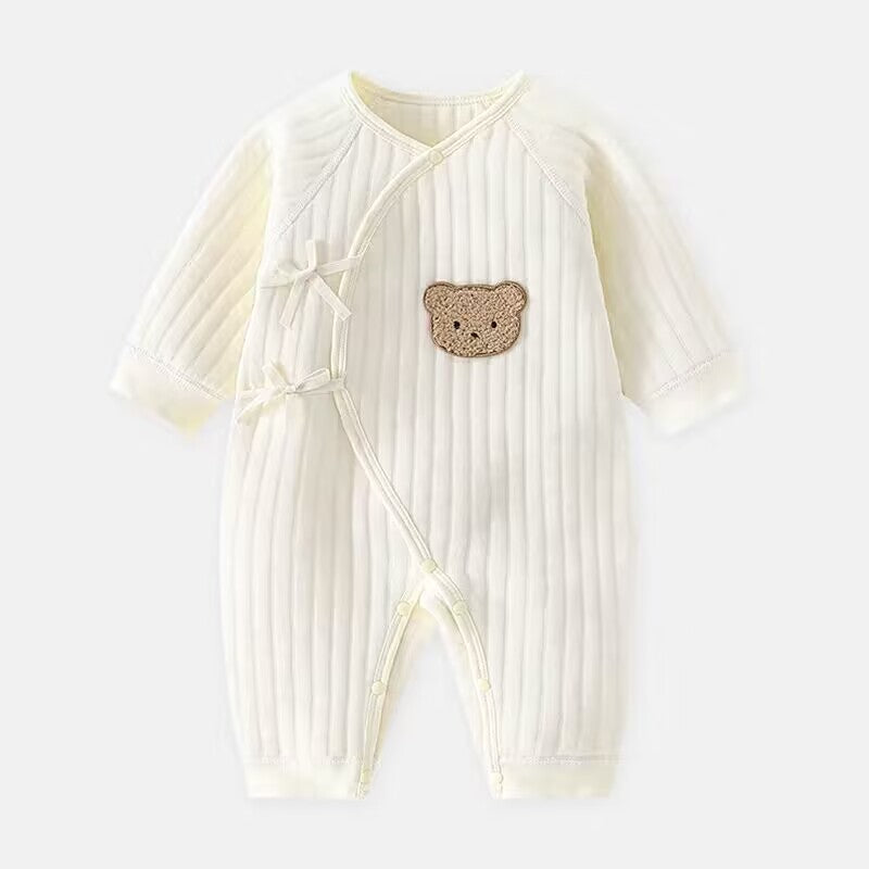 Adorable bear applique baby bodysuit, a stylish and cozy one-piece outfit for infants this spring & autumn.