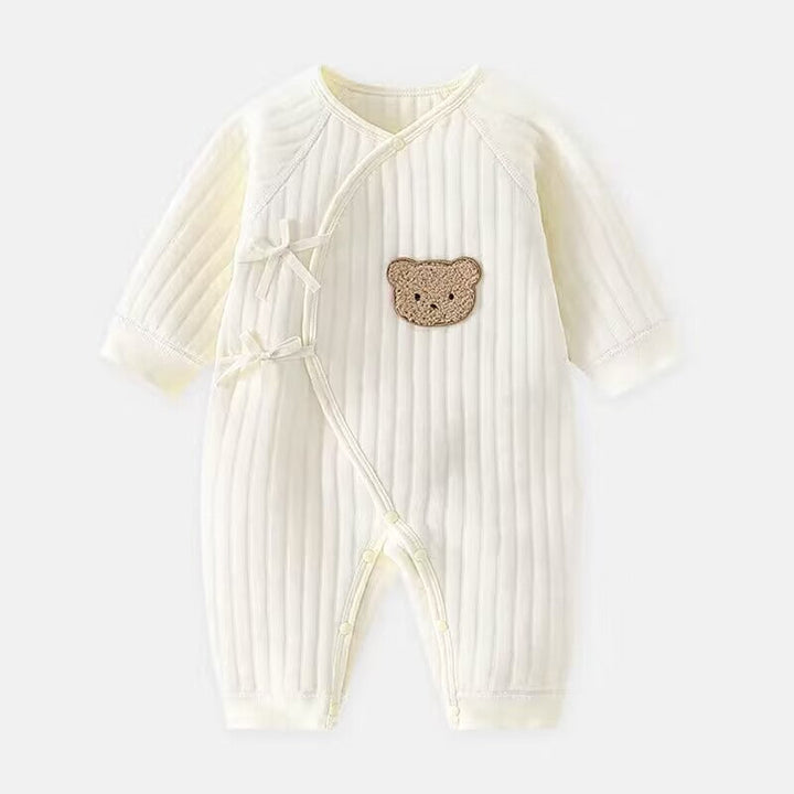 Adorable bear applique baby bodysuit, a stylish and cozy one-piece outfit for infants this spring & autumn.