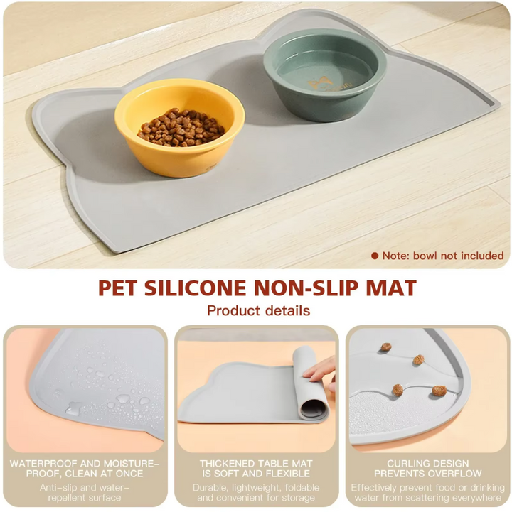 Easy-clean silicone cat bowl mat, uniquely cat-shaped, provides a non-slip feeding station for pets.