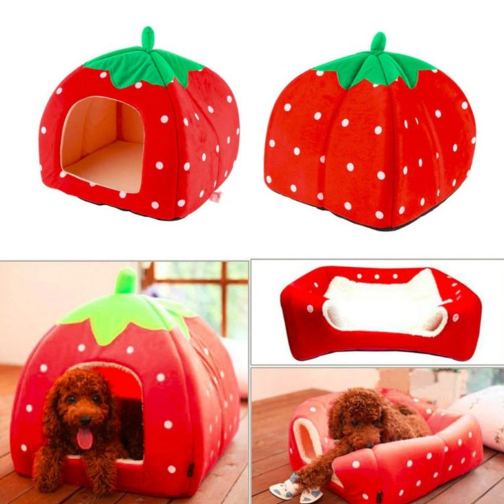 Cute cat strawberry pet bed, a cozy pet house and cat cave with soft fabric for small pets