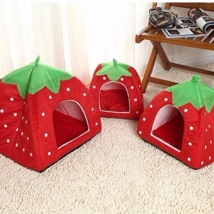 Adorable strawberry pet bed for cats, a charming cat cave and pet accessory for home decor