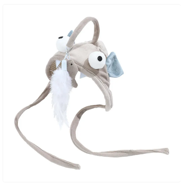 Funny pet accessory: Cat hat with a long feather toy, encouraging feline play and enrichment.