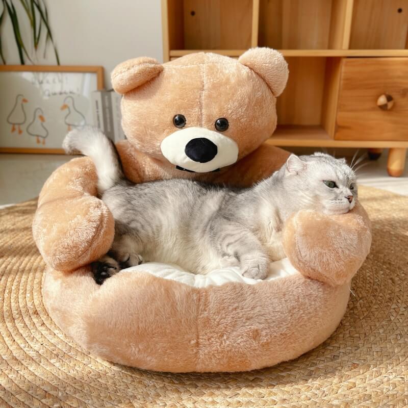 Cute detachable cuddle bear cat bed; soft, cozy, and comfortable pet furniture for cats