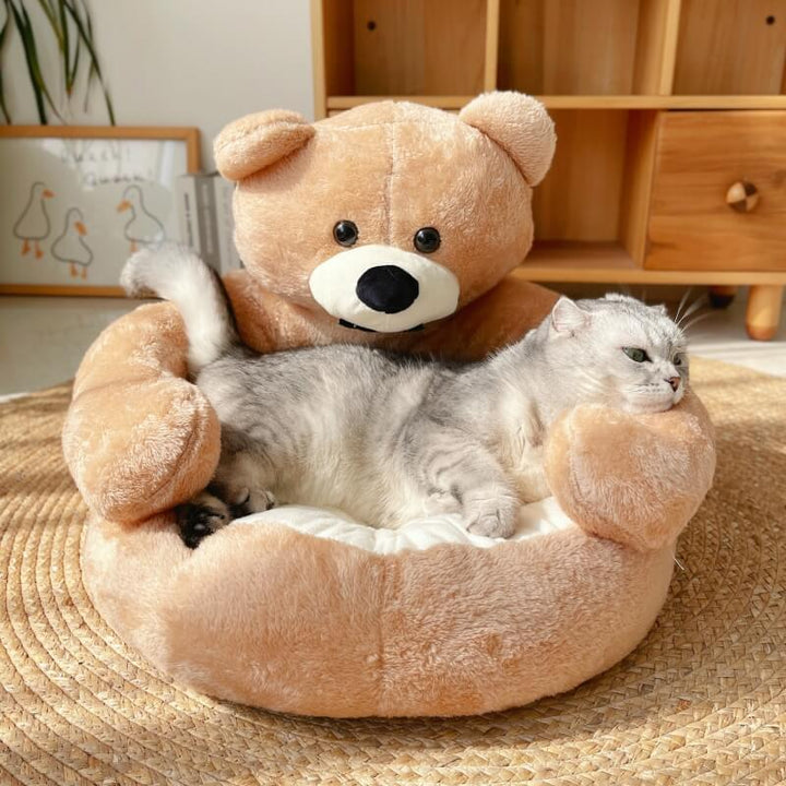 Cute detachable cuddle bear cat bed; soft, cozy, and comfortable pet furniture for cats