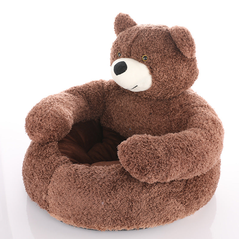 Cat peeking from a cute bear design bed; soft, warm, and washable pet furniture for playtime