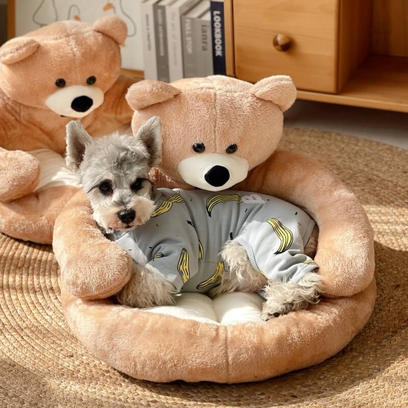 Fluffy cat bed with an adorable bear design; detachable and washable, perfect for pets